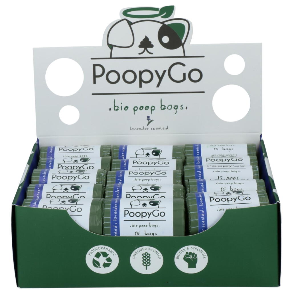 Sac à Kaka 💩 PoopyGo Bio-Dégradable 🌿 Senteur Lavande - 30 rouleaux de 15 sachets