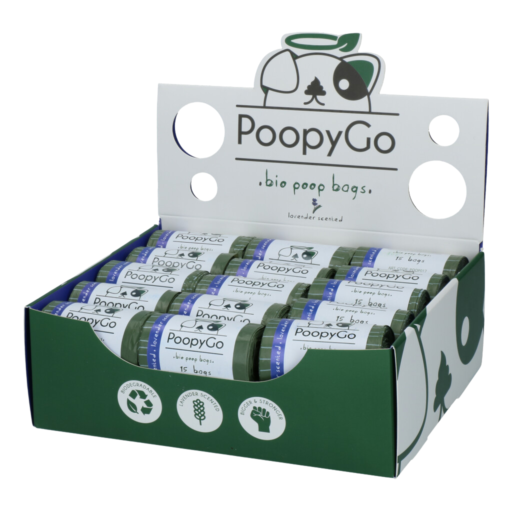 Sac à Kaka 💩 PoopyGo Bio-Dégradable 🌿 Senteur Lavande - 30 rouleaux de 15 sachets