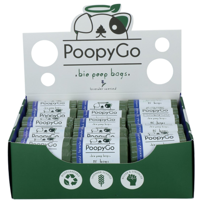 Sac à Kaka 💩 PoopyGo Bio-Dégradable 🌿 Senteur Lavande - 30 rouleaux de 15 sachets