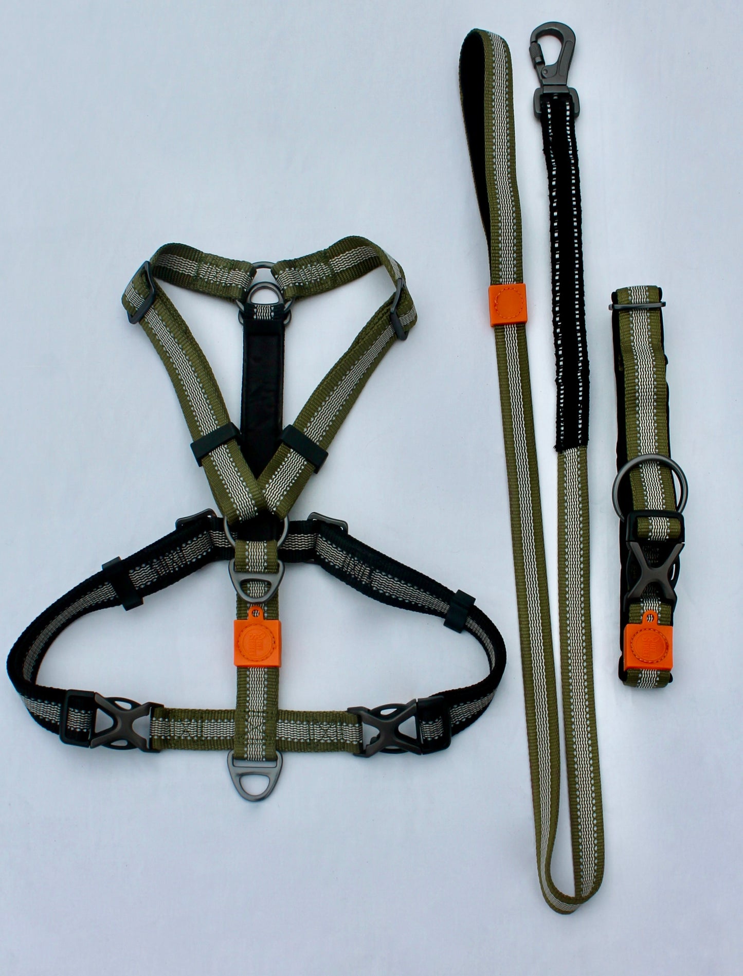 Kit Strong Adventure : Harnais + Collier + Laisse Amortisseur – Vert Olive 🌳